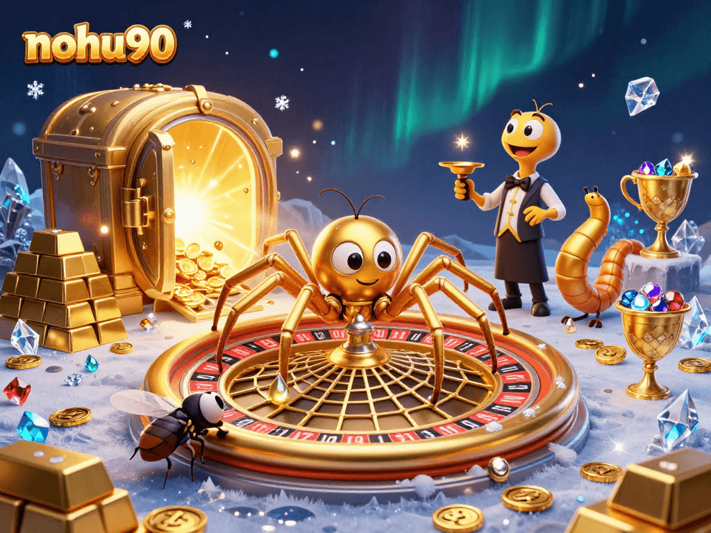 Spin to win big with nohu90 in an exciting 3D cartoon casino scene full of treasures.