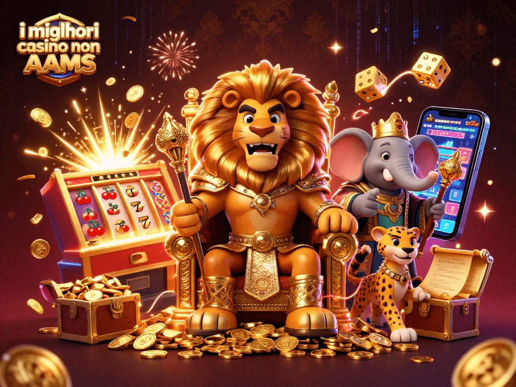 Gioca nei migliori casino non AAMS con il leone re e l'elefante saggio, circondati da slot e premi.