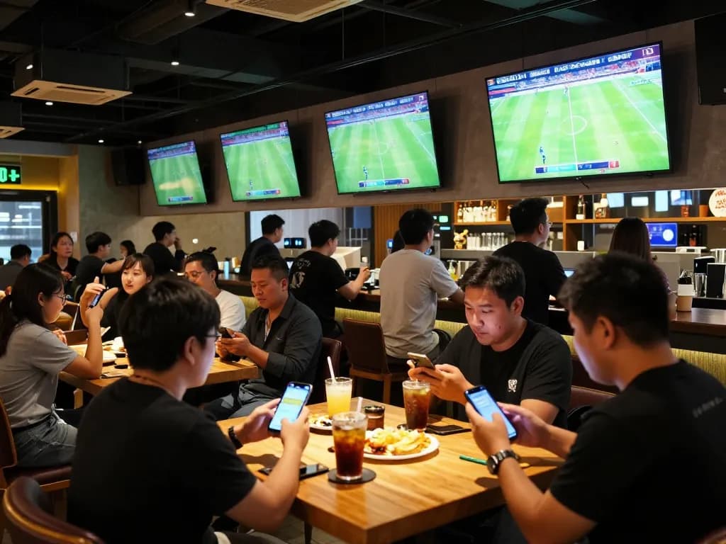Kèo nhà cái hôm nay showcased at a lively sports bar where patrons engage with betting apps during live matches