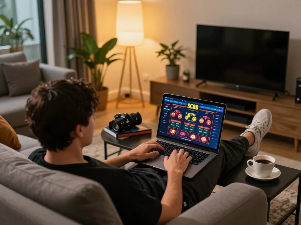 Experience online gaming at SC88 with a cozy home setup and engaging laptop gameplay.