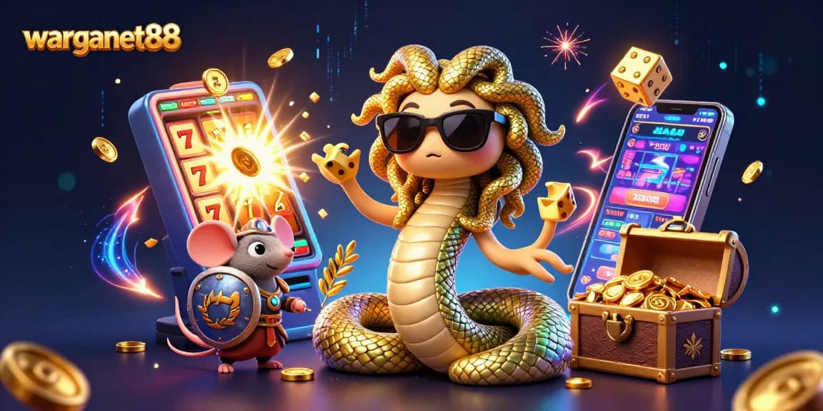 Experience excitement at warganet88 with golden snakes and vibrant slot machines in this playful 3D illustration.