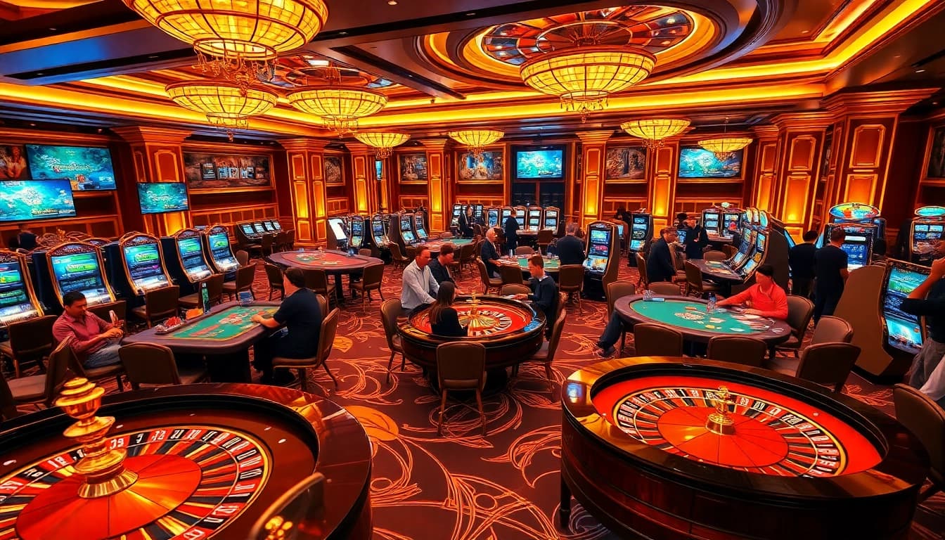 Action-packed casino scene featuring Xôi lạc tv with players at poker tables and roulette wheels.