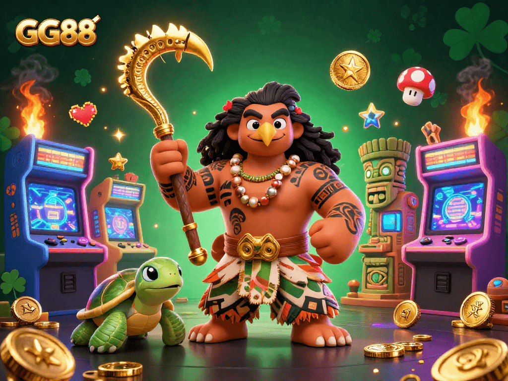 Experience thrilling gaming action with GG88's vibrant 3D casino scene featuring unique characters and colorful elements.
