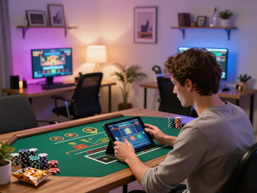 Player using hi88 tablet for online casino gaming in a cozy home setup with snacks and chips.