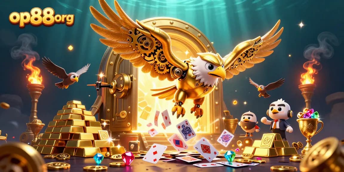 Witness the op88org eagle soaring through holographic cards in a vibrant 3D casino scene.