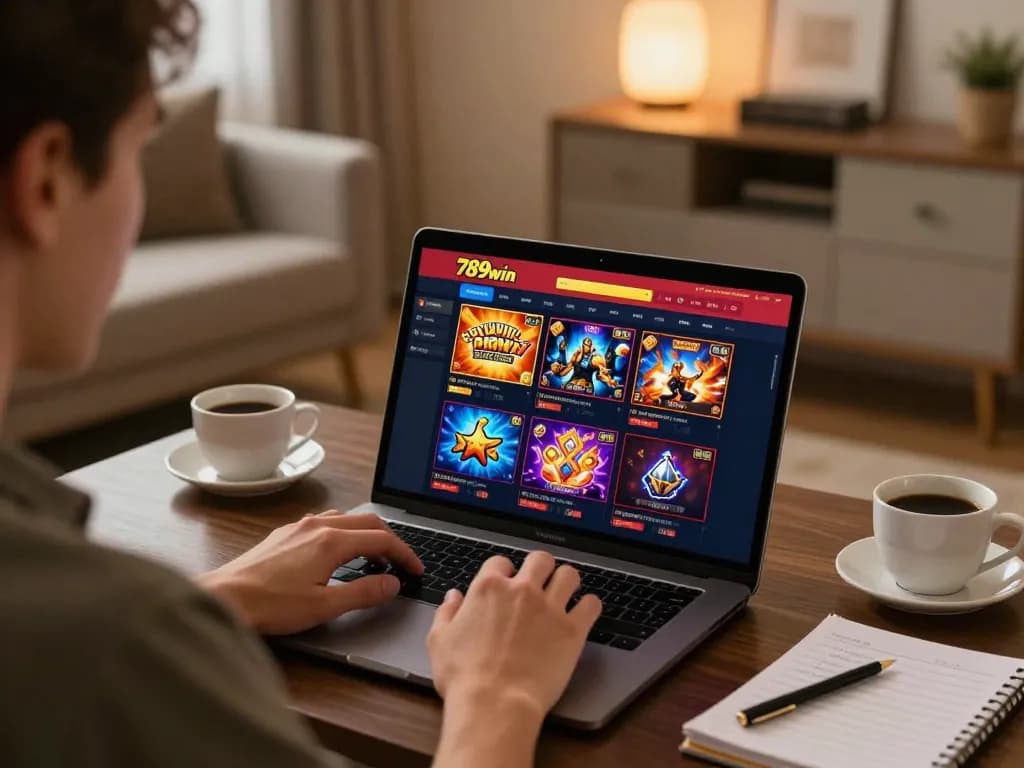 Engaging with the 789win online casino interface during a strategic gaming session in a stylish home environment.