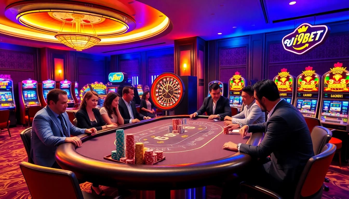 i9bet players engaging at a vibrant casino table surrounded by excitement.
