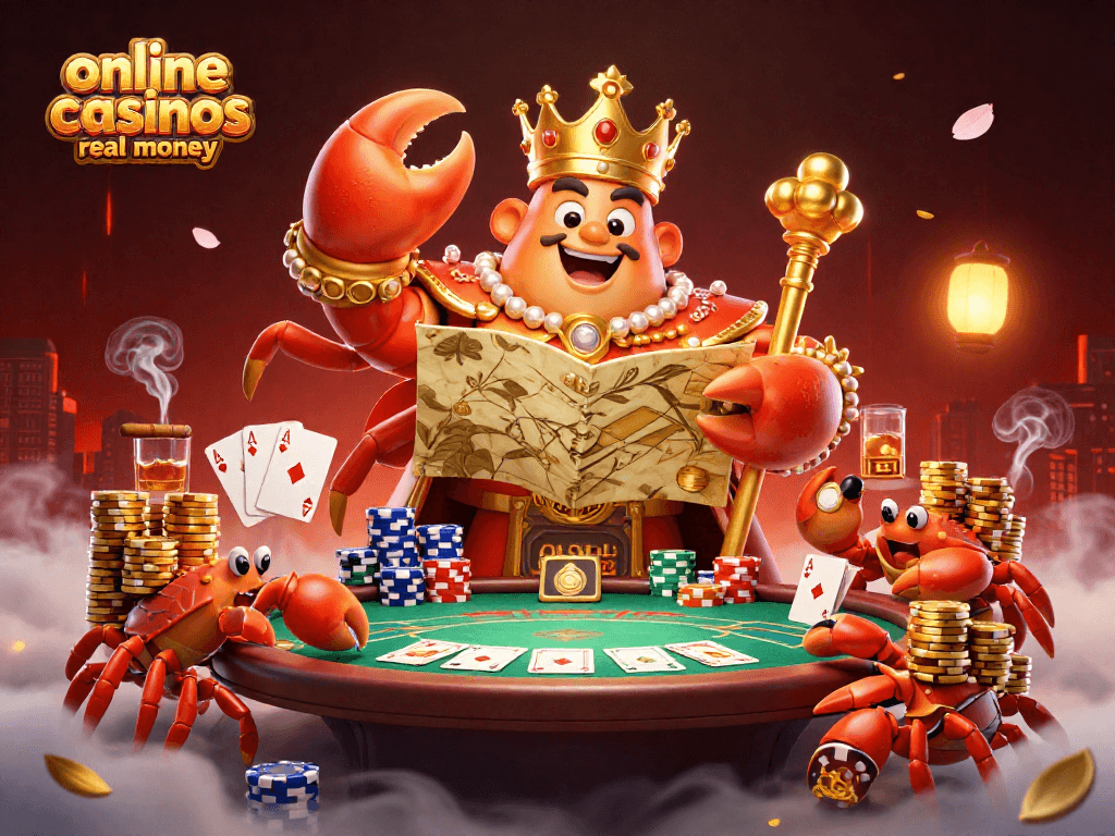 Engage in online casinos real money adventures with a golden crab emperor in 3D illustration.