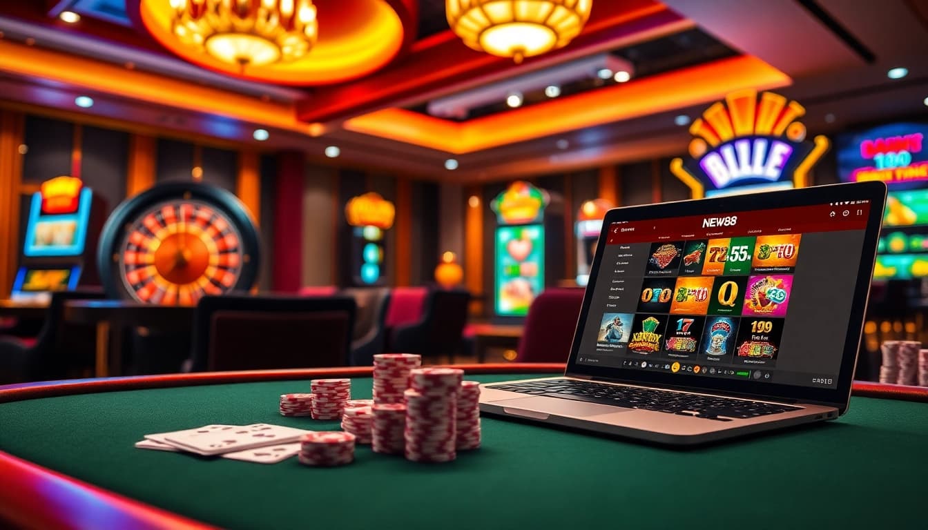 Experience thrilling gameplay at https://new88.pet/, featuring poker chips and a roulette wheel in a luxurious casino.