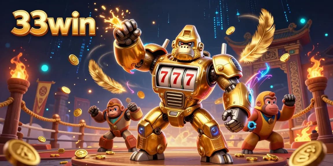 Engage in thrilling casino excitement with 33win's dynamic gaming scene featuring a golden gorilla mech.