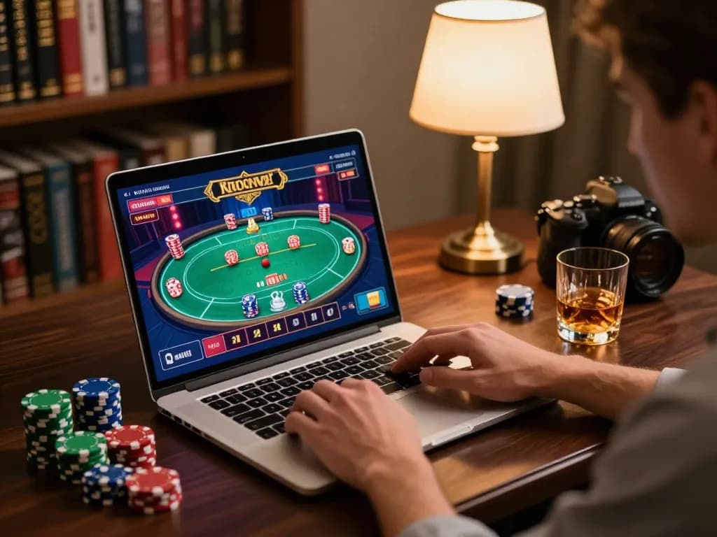 Engaging online poker action with vipwin79 displayed on a stylish laptop during a premium gaming session.