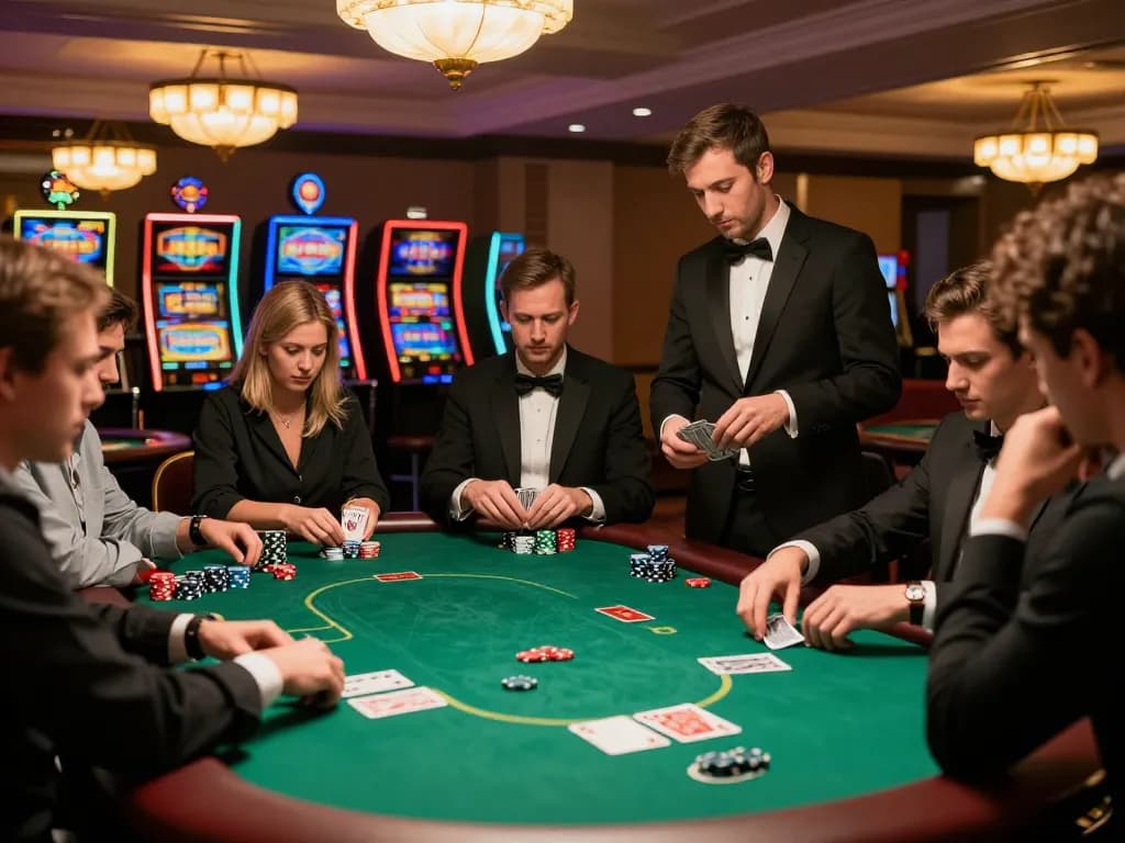 98win players engaged in an exciting poker game with a dealer shuffling cards and warm ambiance.