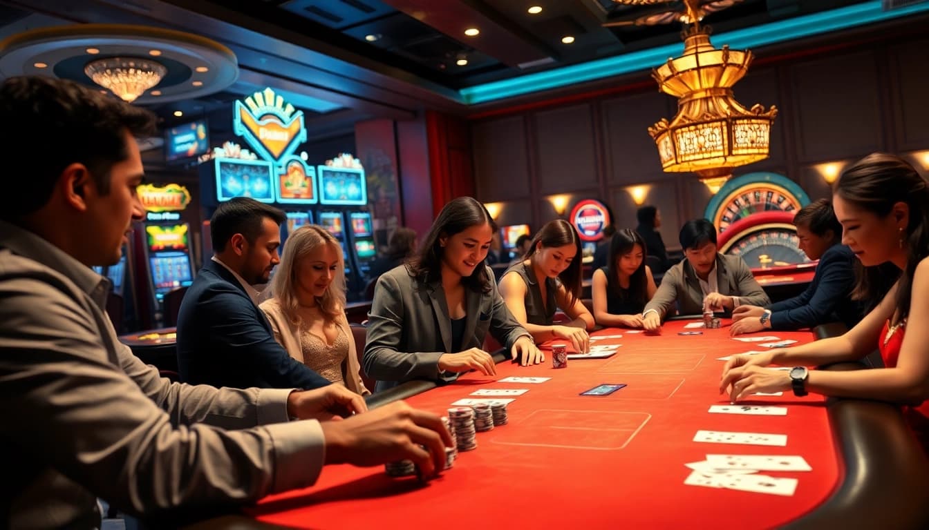 Engaged casino players strategizing at a poker table, embracing the excitement of 8kbet.