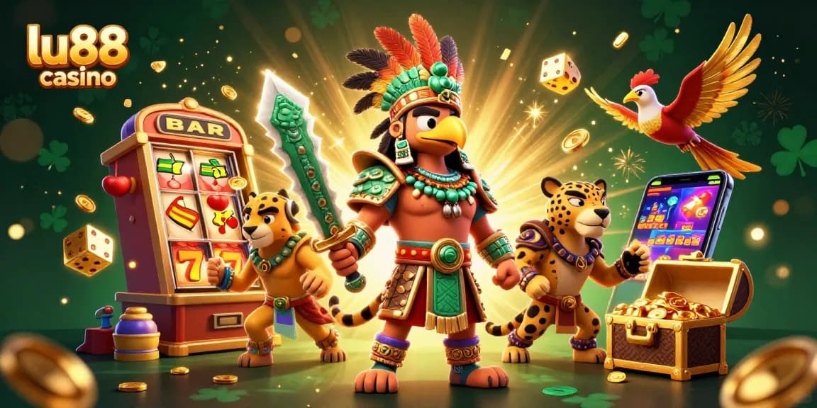 Experience the excitement of lu88 casino with this vibrant 3D illustration showcasing thrilling slot machines and majestic warriors.