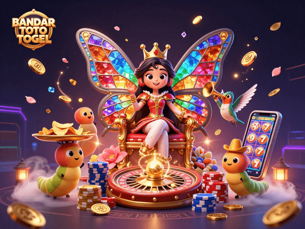 BANDAR TOTO TOGEL showcases a vibrant 3D scene with a butterfly queen, roulette wheel, and casino elements.