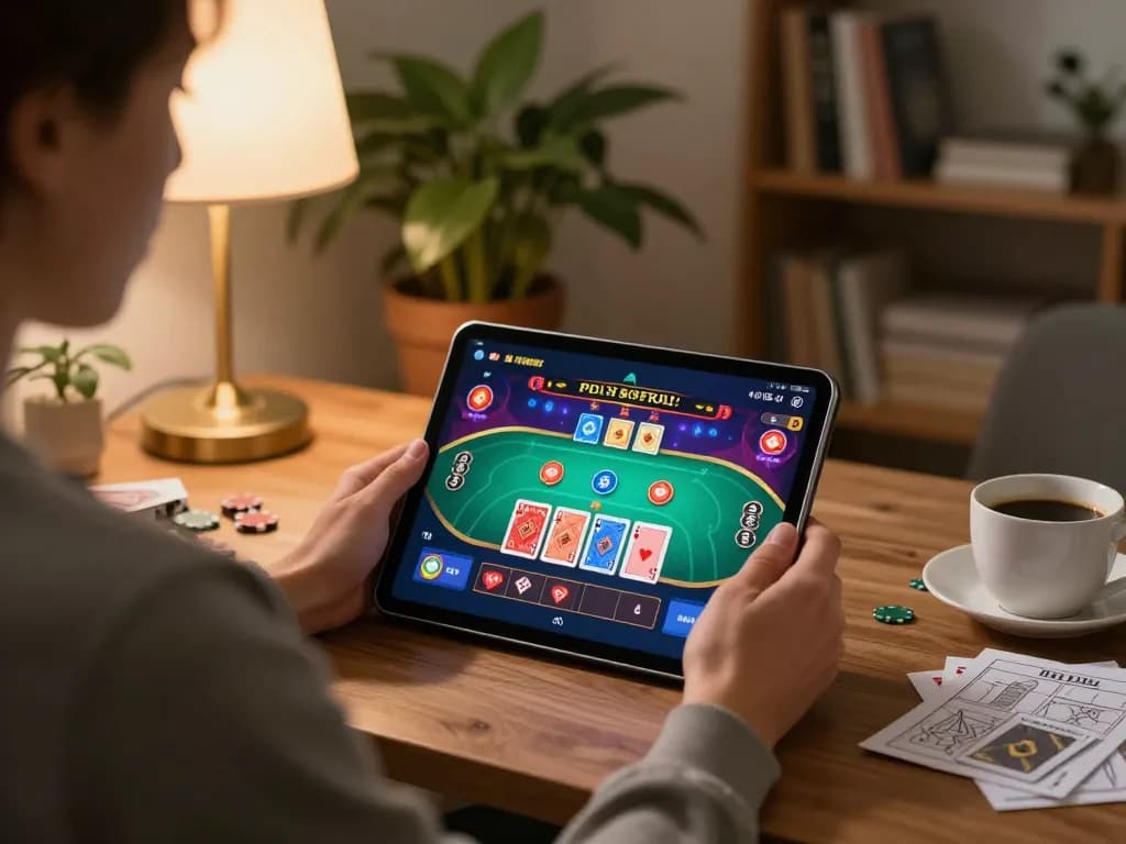 Engaging online betting experience with nhacaiuytin poker game on a tablet in cozy home setting
