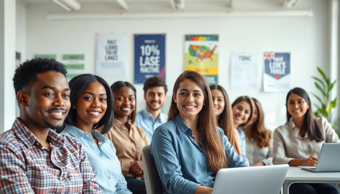 Connect with TOEIC test takers for hire during a professional video call in a bright office setting.