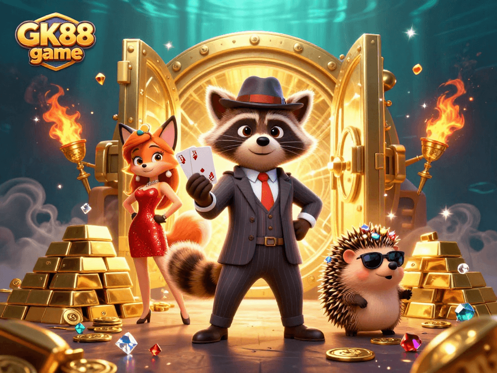 Experience the GK88 game with thrilling winnings and vibrant casino scenes featuring charming characters.
