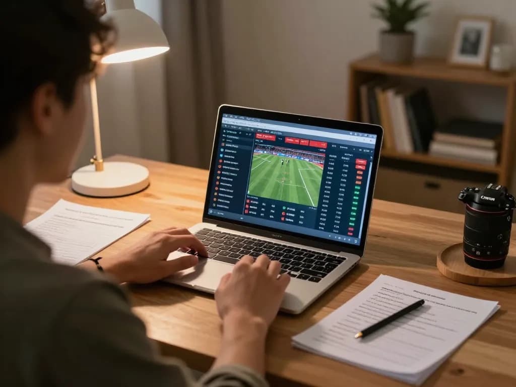 Kèo nhà cái hôm nay showcased through a person analyzing live sports stats on a laptop, emphasizing strategic betting.