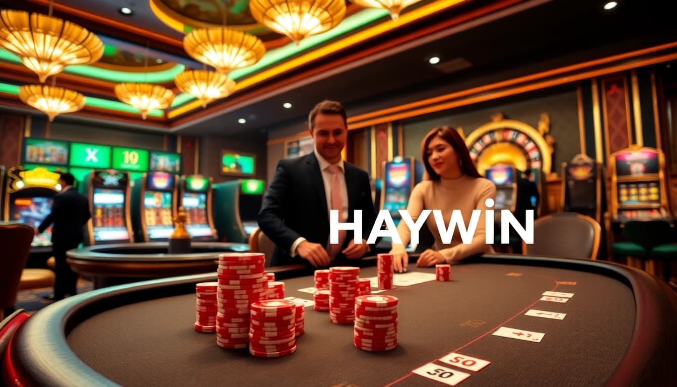 Exciting gambling scene with Haywin logo featuring poker chips and roulette wheel.