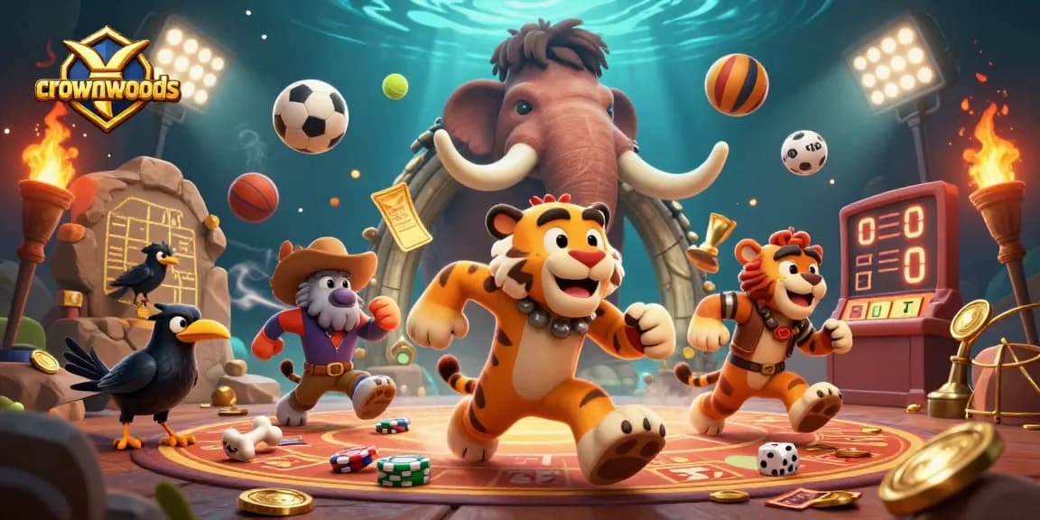 Crownwoods showcases a vibrant 3D prehistoric casino scene with unique gaming elements.
