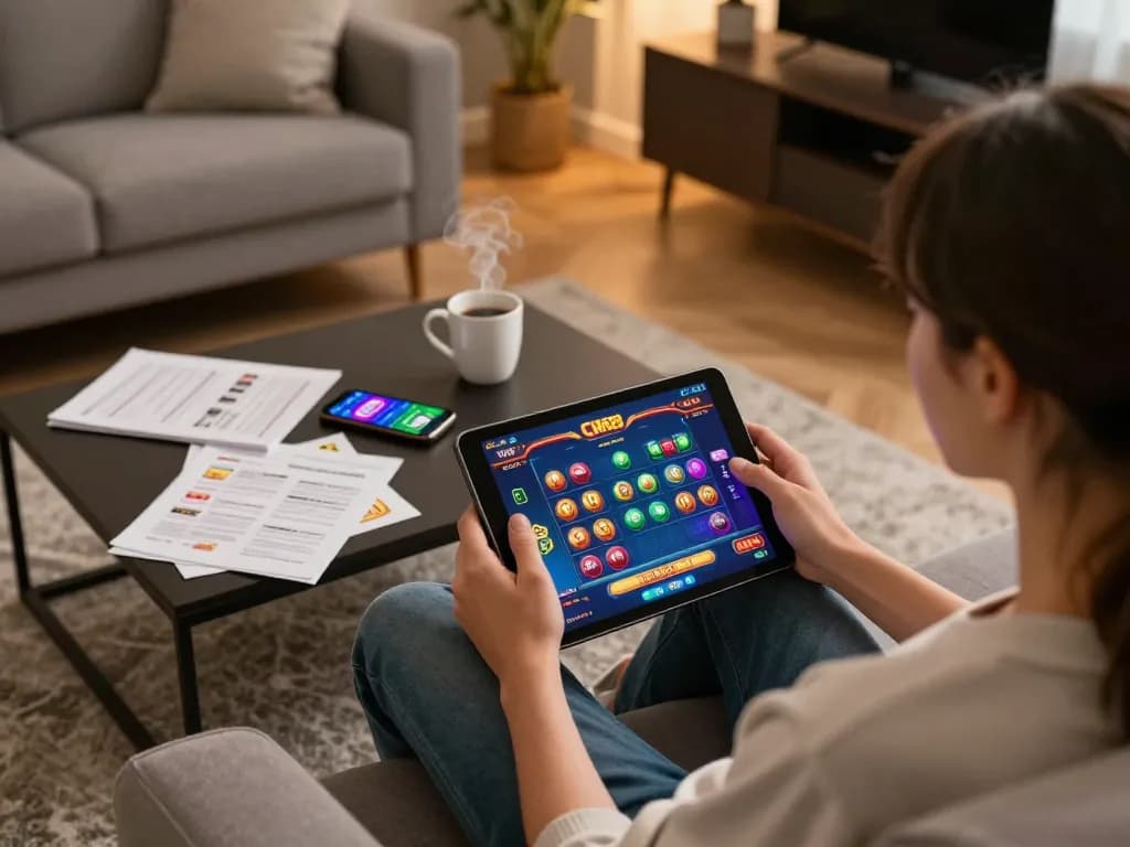 Engaging in CM88 online gaming with strategy notes and vibrant graphics in a cozy setting