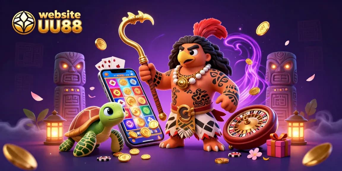 Engage with thrilling games on the website UU88, showcasing vibrant slot reels and casino excitement.
