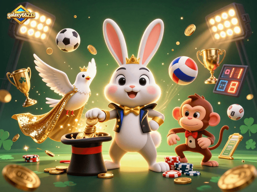Bet on fun with galaxy66233 as a magician rabbit conjures coins in a lively casino scene.