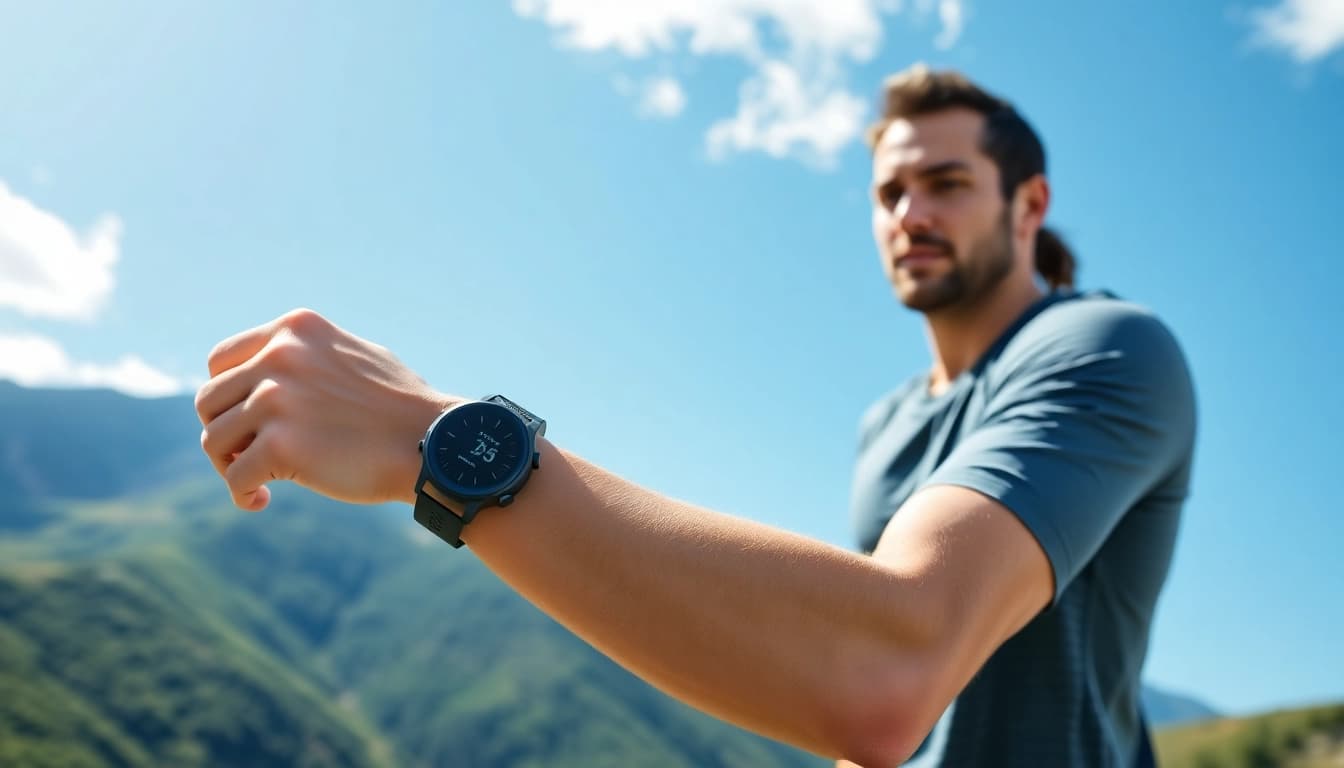 Engaging athlete sporting a Coros smartwatch amidst nature, showcasing fitness and active lifestyle.