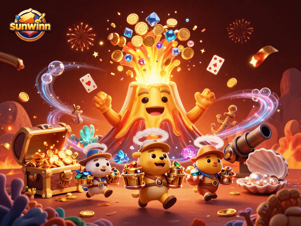 Experience thrilling wins with sunwinn's vibrant casino adventure illustration featuring dynamic treasures and lively characters.