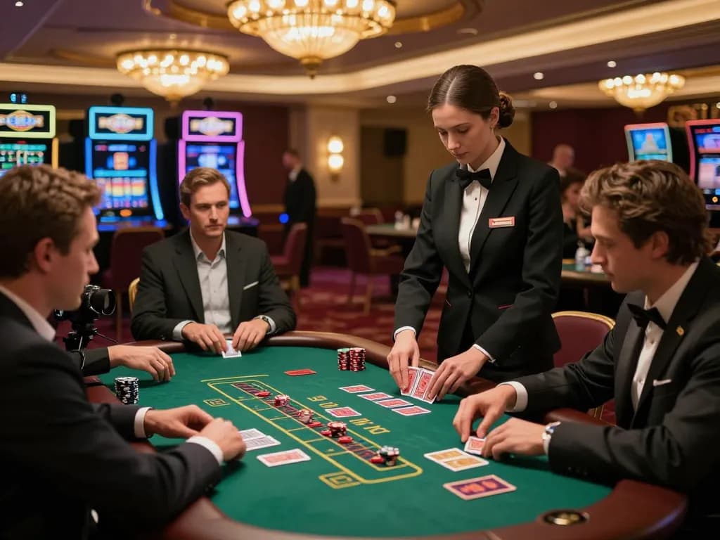 Players engage in intense blackjack gameplay at a Fun88cd casino table, highlighting strategic betting actions.