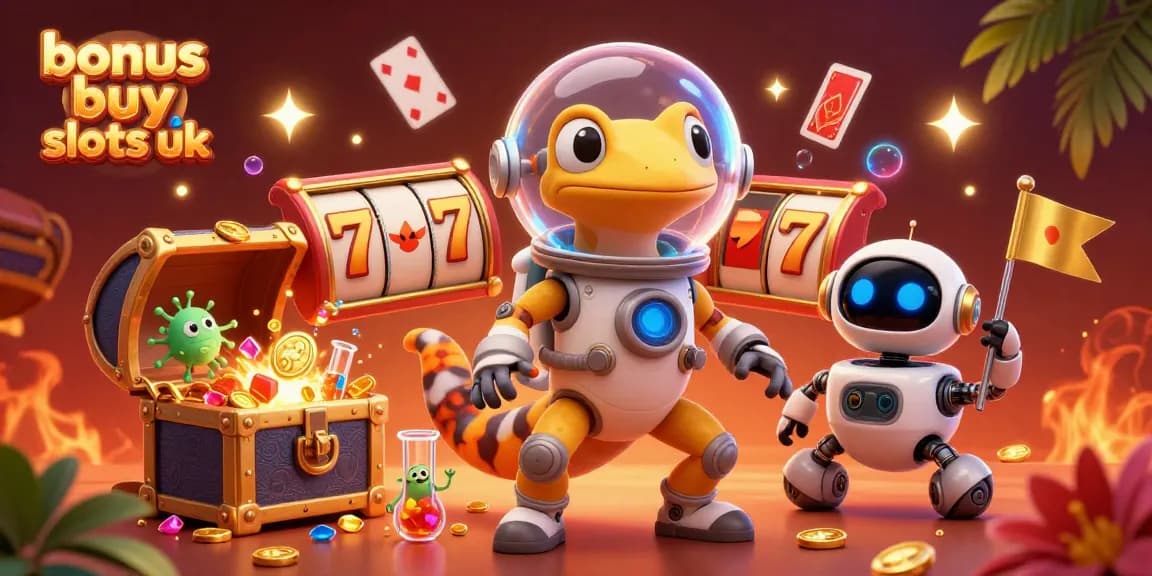 Engage with bonus buy slots UK featuring a Martian gecko and vibrant casino elements