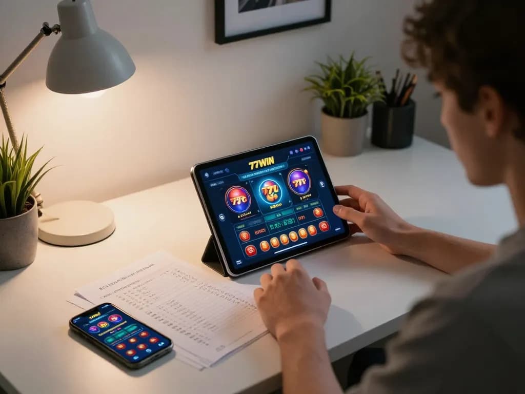 Engaging online gaming scene with player focused on 77WIN casino tablet, showcasing vibrant game interface and strategic notes.