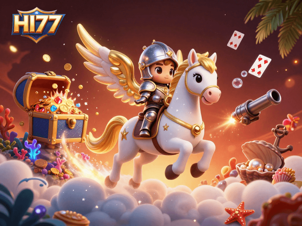 Experience the thrill of HI77 with a 3D illustration of a knight on a celestial horse, surrounded by treasures and casino elements.