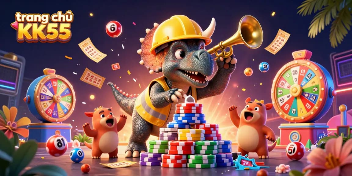 Experience the excitement of trang chủ KK55 with a dynamic display of casino elements and lively characters.