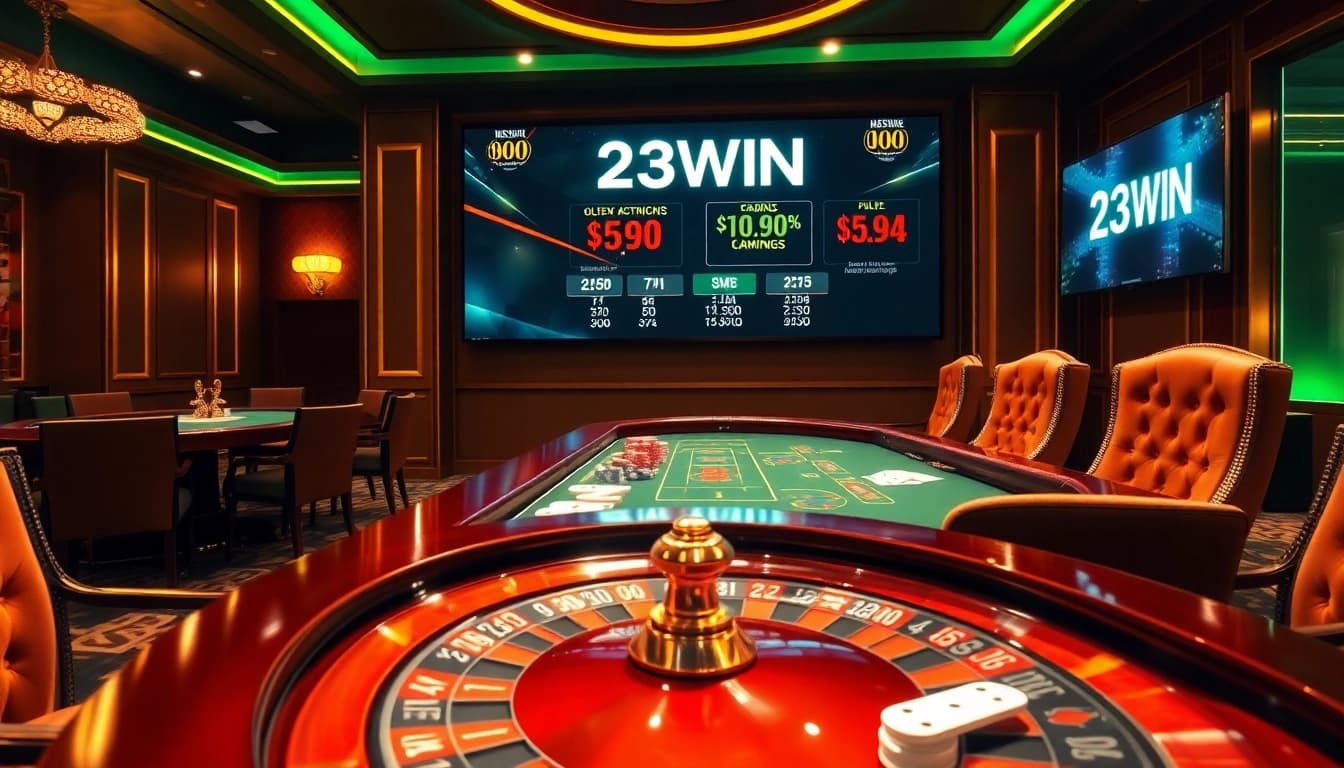 Engage in a thrilling game at 23WIN Casino with cards, chips, and roulette style elements.