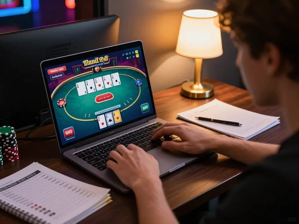 Engaging in CM 88 poker gameplay on a laptop, surrounded by strategic notes and ambient light.
