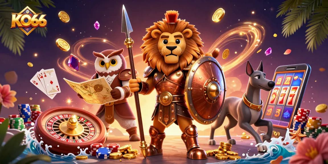 Engage in the thrill of KO66 casino gaming with characters amid a vibrant digital gambling scene.