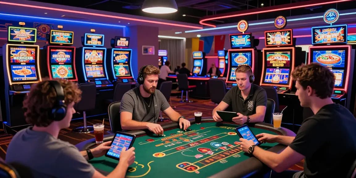 British players enjoying diverse gaming experiences at non-UK casinos on https://sssk.org.uk, showcasing modern technology and vibrant atmosphere.