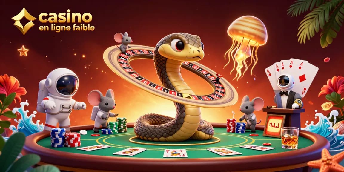 Illustration d'une scène de casino en ligne fiable avec un serpent en anneaux de Saturne comme roulette, des astronautes pariant.