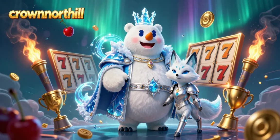 Experience crownnorthill's dynamic action with colorful slot reels and an enchanting polar bear.