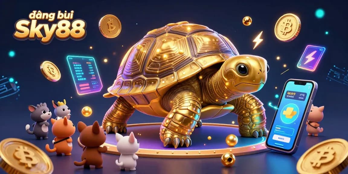 Engage in đăng ký Sky88 with a vibrant casino scene featuring a golden tortoise pinball and crypto elements.