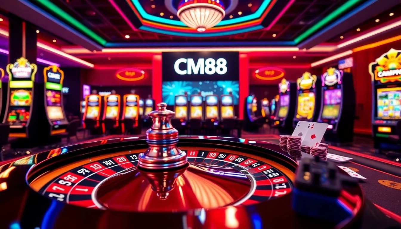 Experience the thrill of CM88 with vibrant gambling visuals featuring roulette and slot machines.