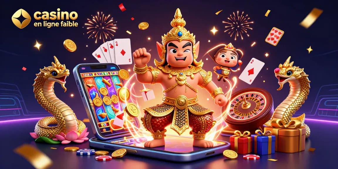 Illustration 3D festive mettant en avant des éléments de casino en ligne fiable avec un gardien et des serpent Naga.