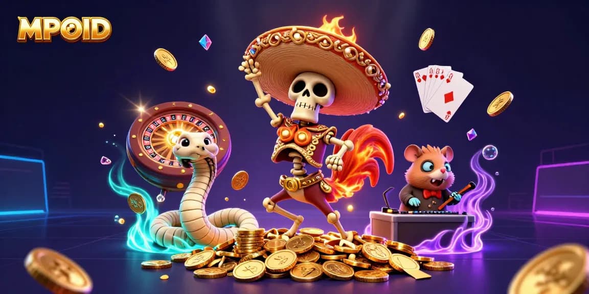 MPOID showcases a lively casino scene with a dancing mariachi rooster, mummy snake, and zombie hamster DJ amidst sparkling coins and cards.