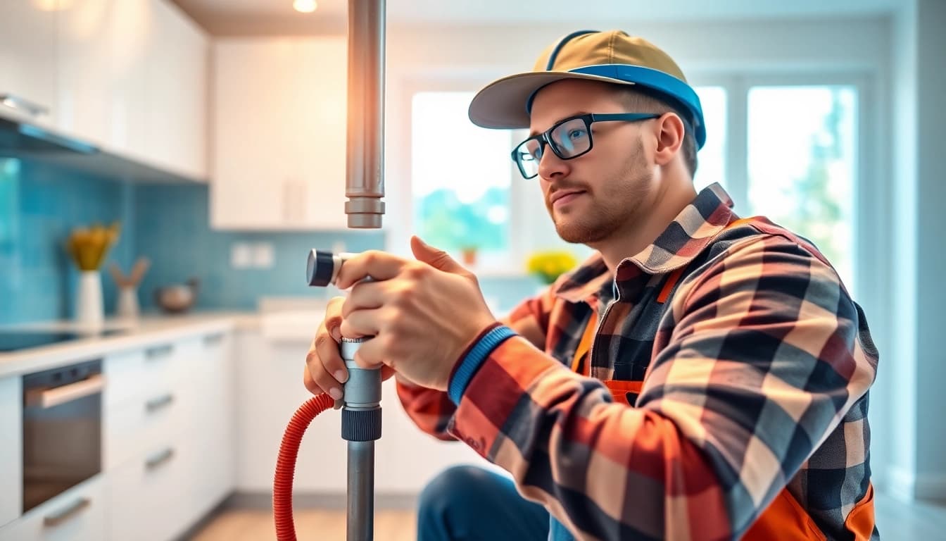 Find a skilled plumber near me fixing pipes in a modern home environment.