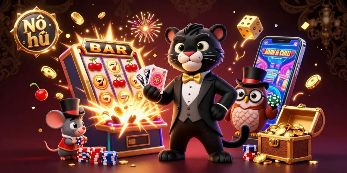 Nổ hũ jackpot scene with cartoon panther, owl, and mouse amidst slot machine action.