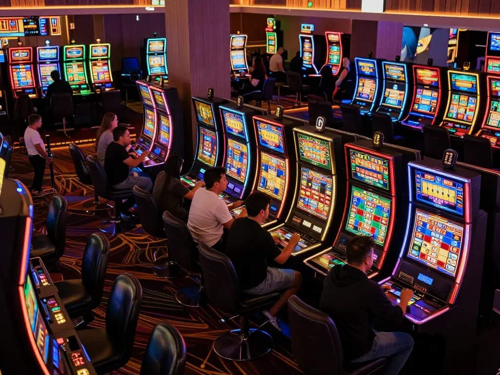 Playing vibrant slot machines at a casino, showcasing excitement and engagement in the slot gaming experience.