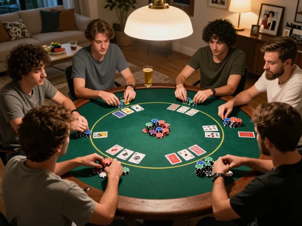 Friends enjoying a competitive poker game at home with MK8 atmosphere, vibrant colors, and social excitement.