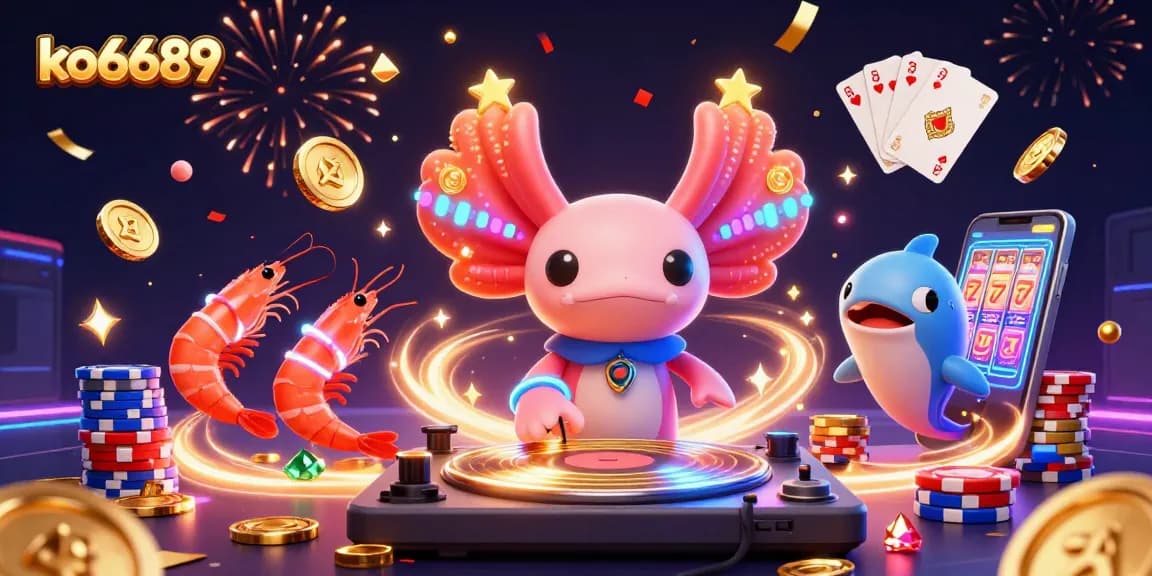 Engage in the vibrant world of ko6689 as the neon axolotl DJ spins records amidst dazzling casino elements.